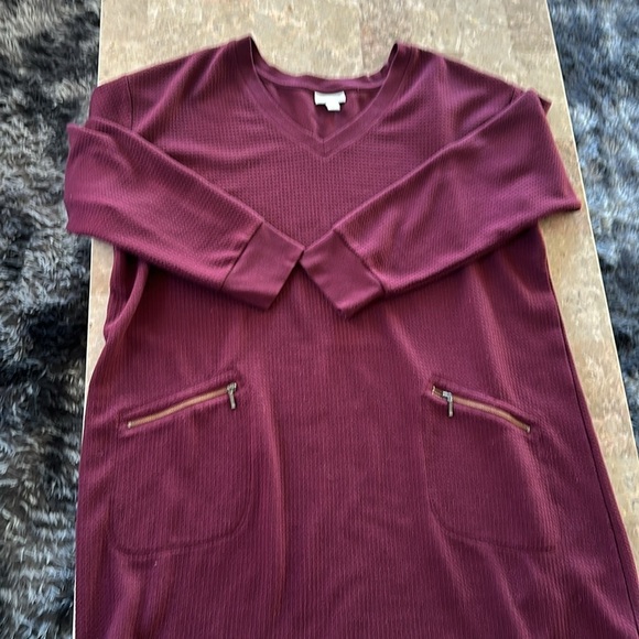 J Jill Shift Dress Burgundy Waffle Knit Zip Pockets V-Neck Long Sleeve, XL - Picture 5 of 9